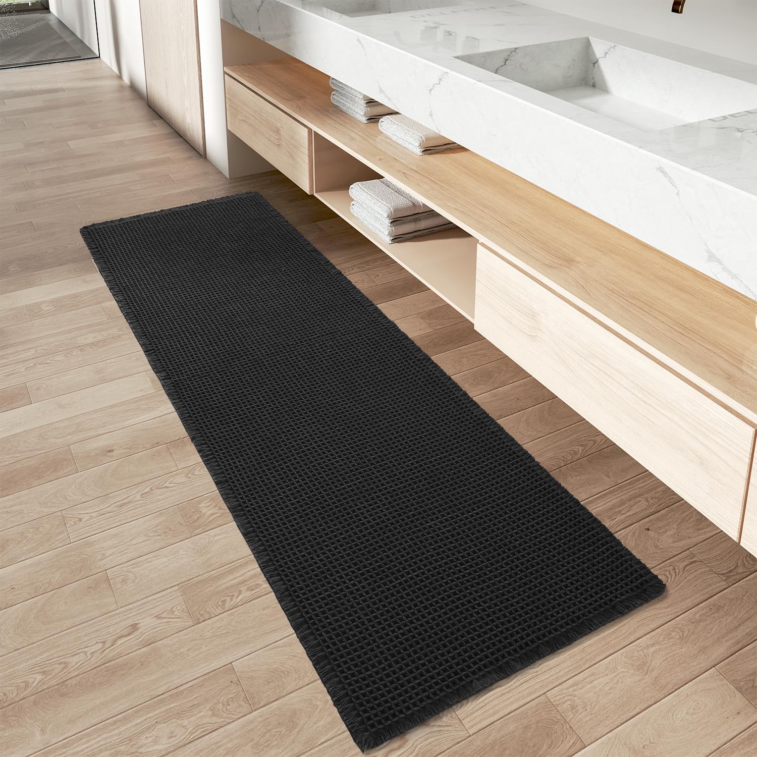 Black Waffle Runner Rug 17" x 60"