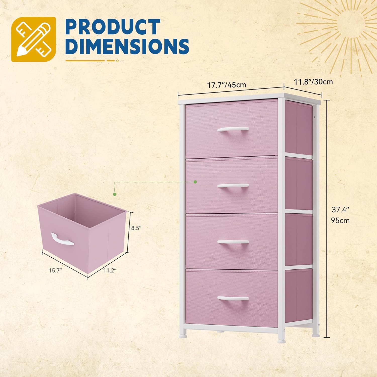 4-Drawer Pink Fabric Dresser with Steel Frame
