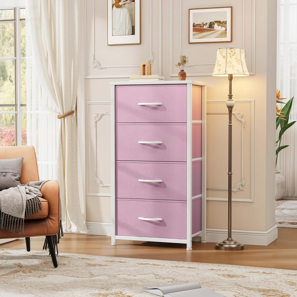 4-Drawer Pink Fabric Dresser with Steel Frame