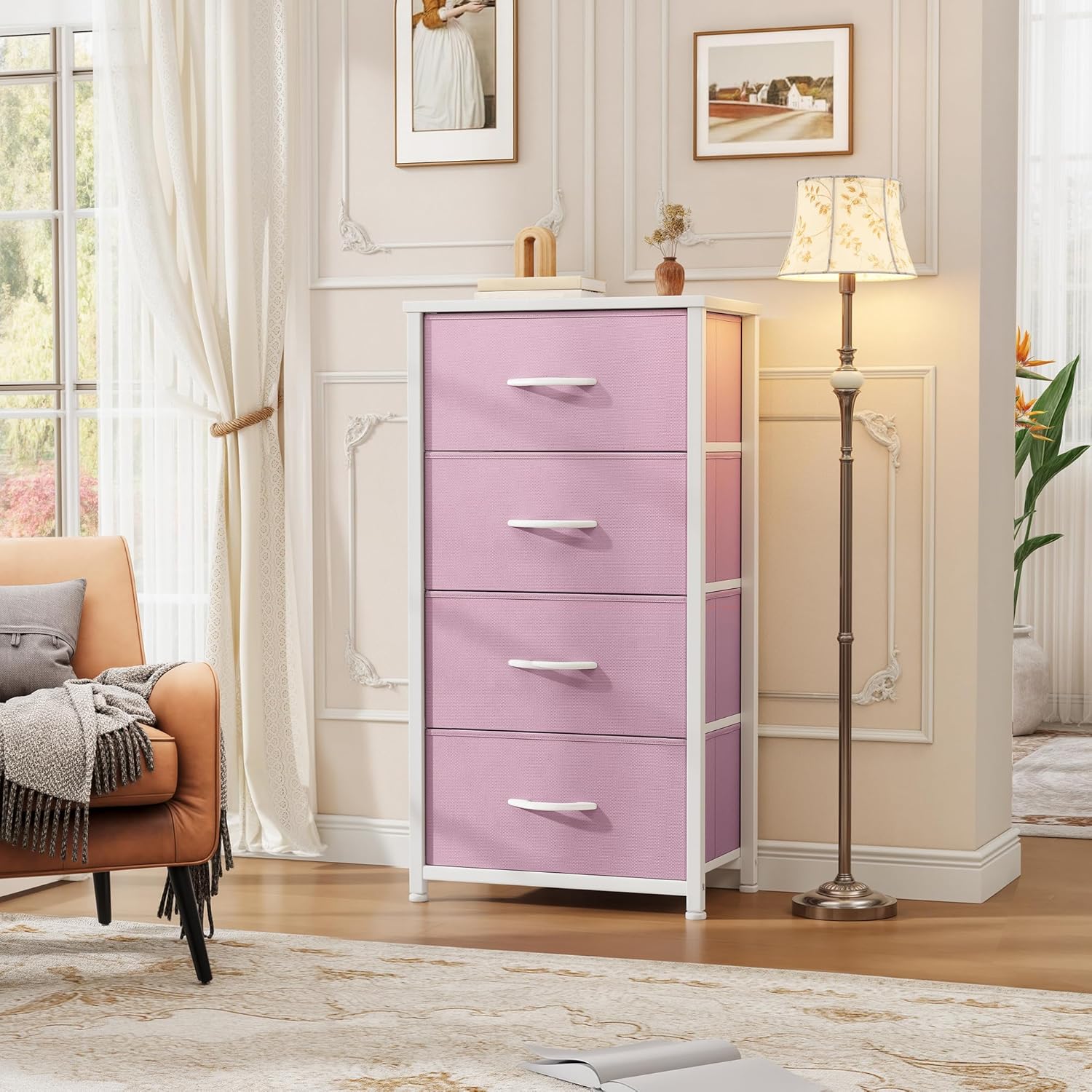 4-Drawer Pink Fabric Dresser with Steel Frame