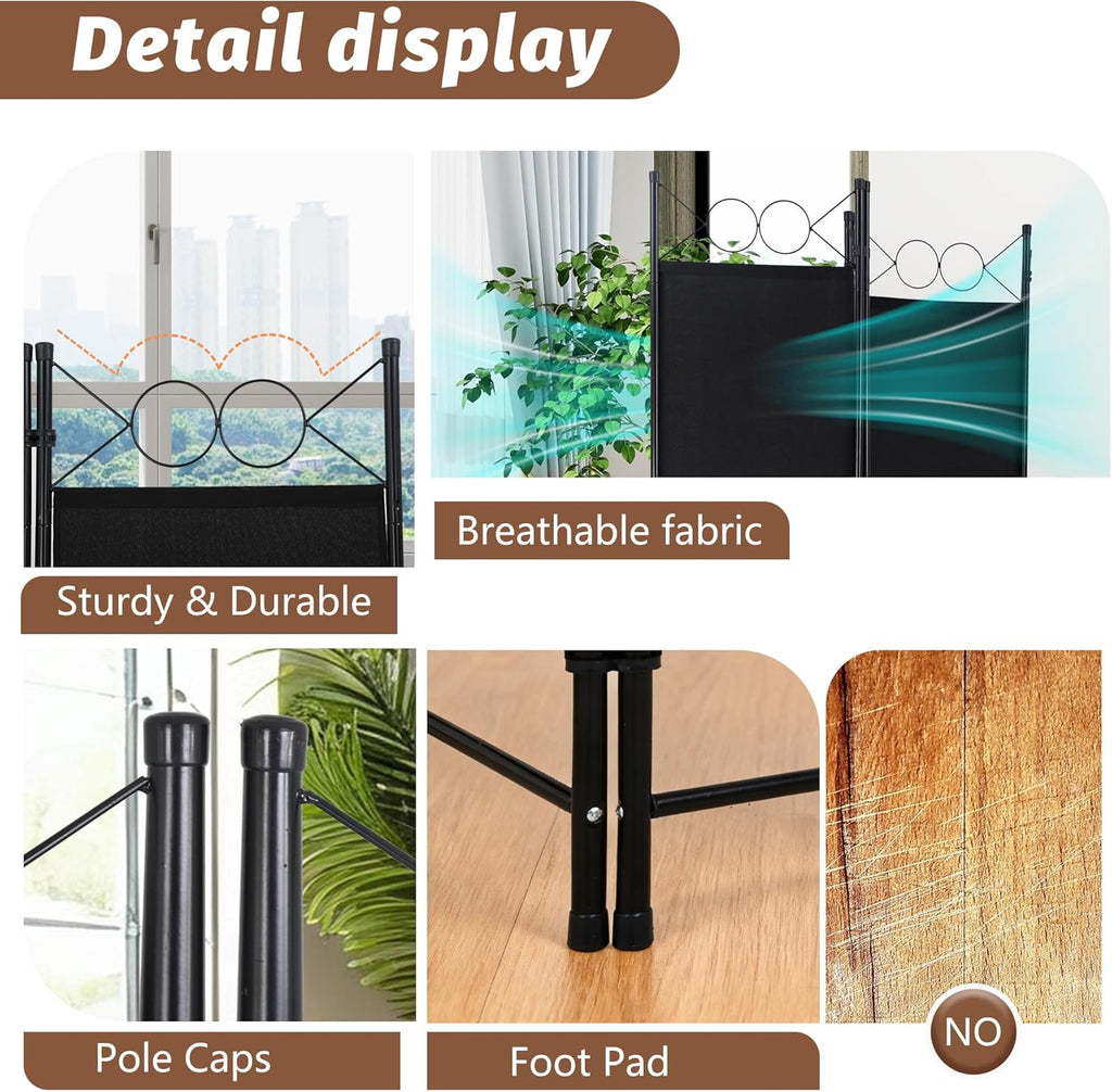 4 Panel Room Divider 6FT - Coal Black