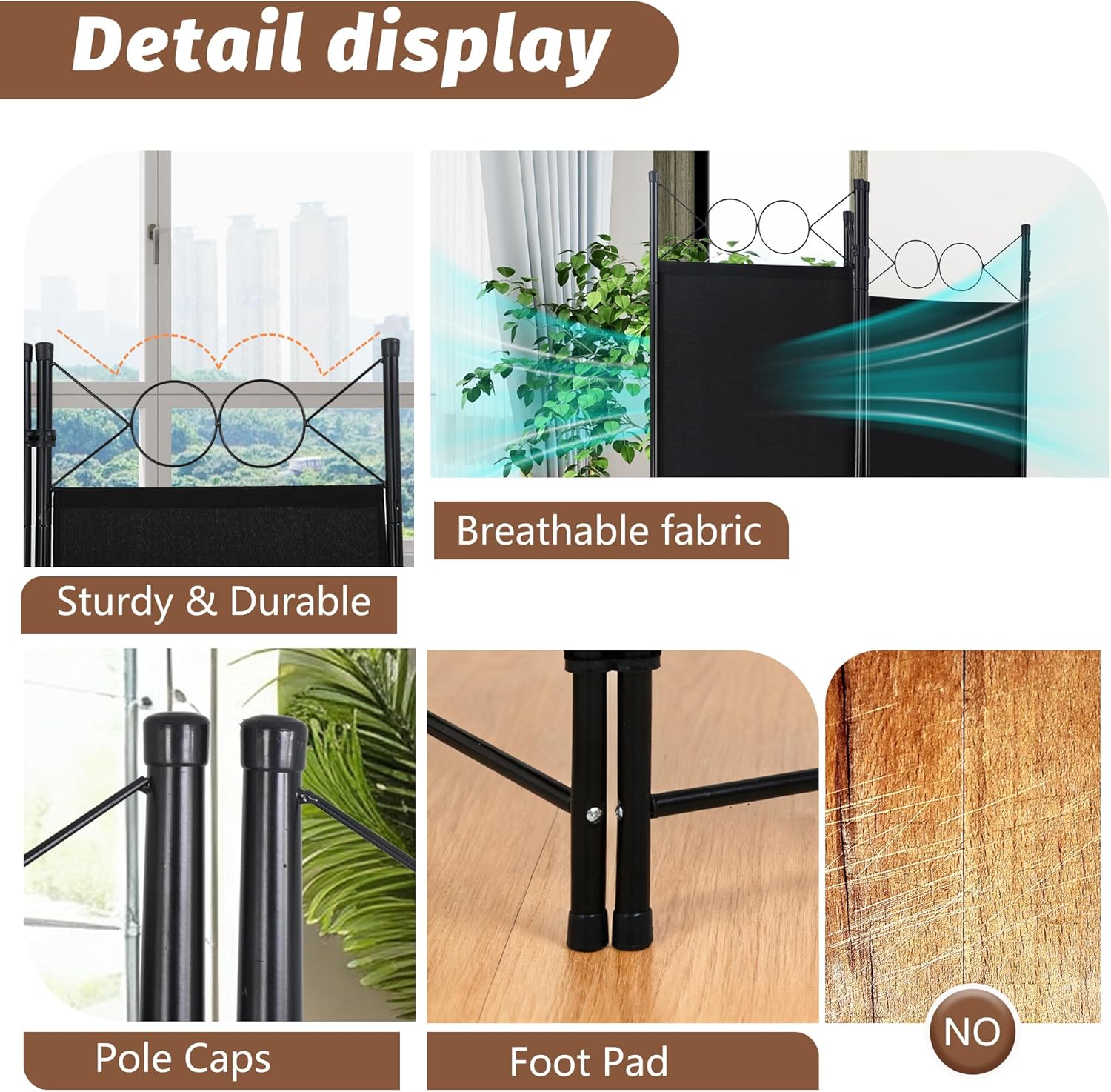 4 Panel Room Divider 6FT - Coal Black