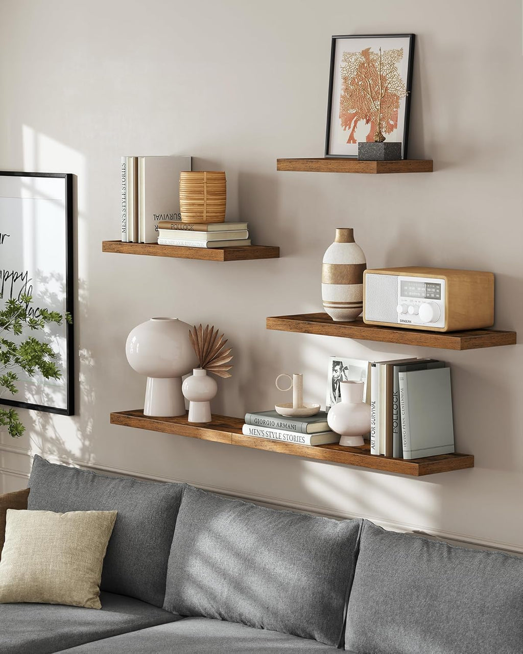 Set of 2 Rustic Brown Floating Wall Shelves 8"x15.7"