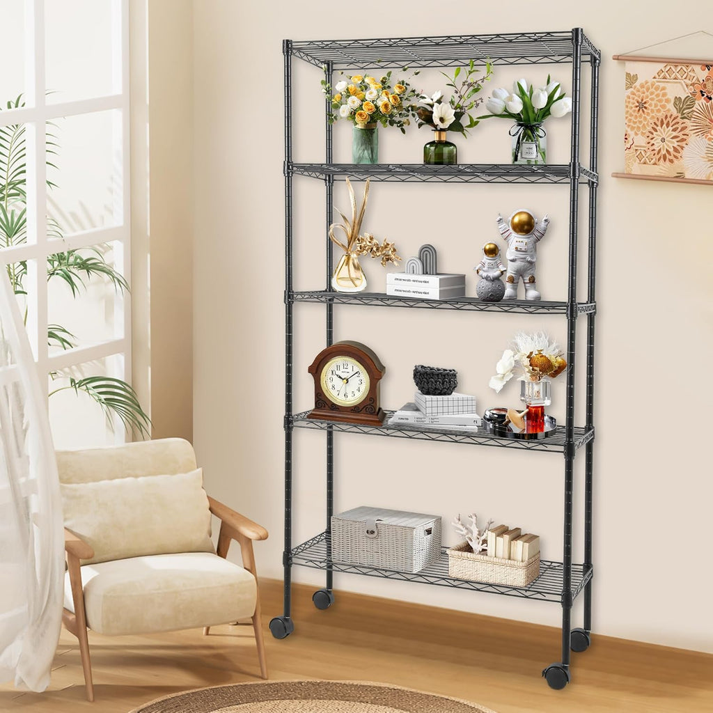 Small Adjustable 5-Tier Metal Shelf with Wheels