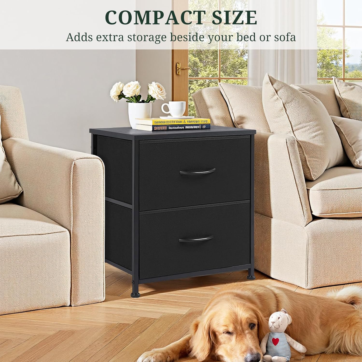 Small Nightstand with 2 Fabric Drawers 11.8"D x 18"W x 20"