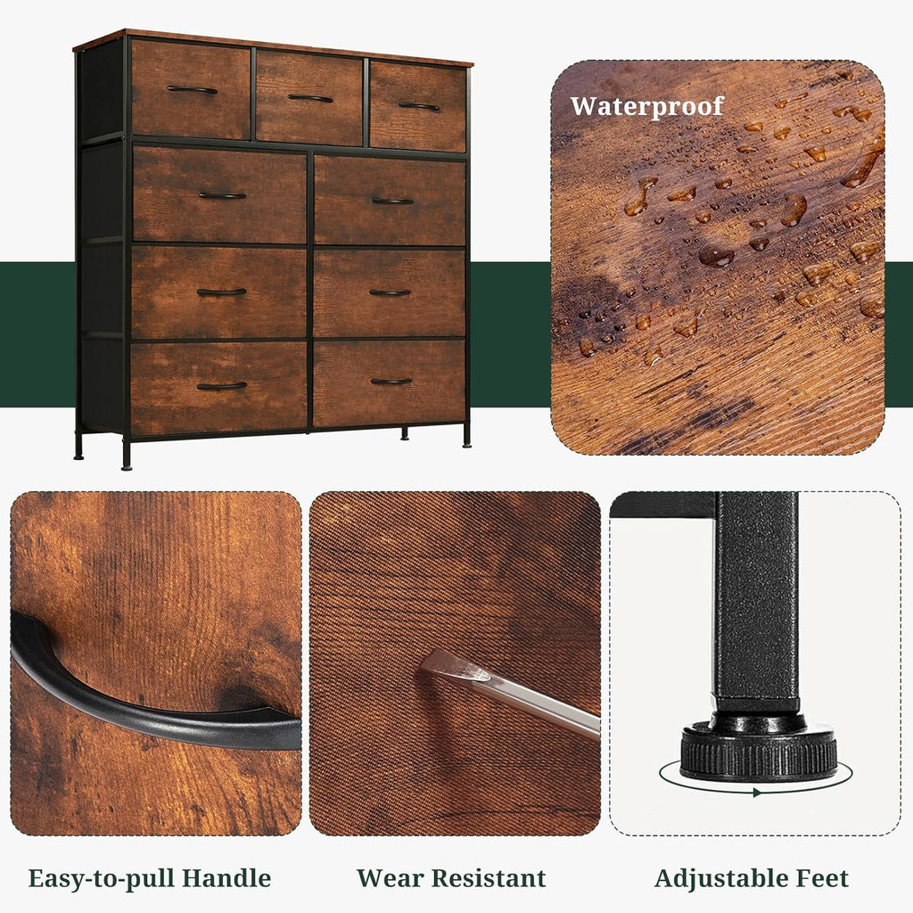 9-Drawer Dresser with Wooden Top and Metal Frame