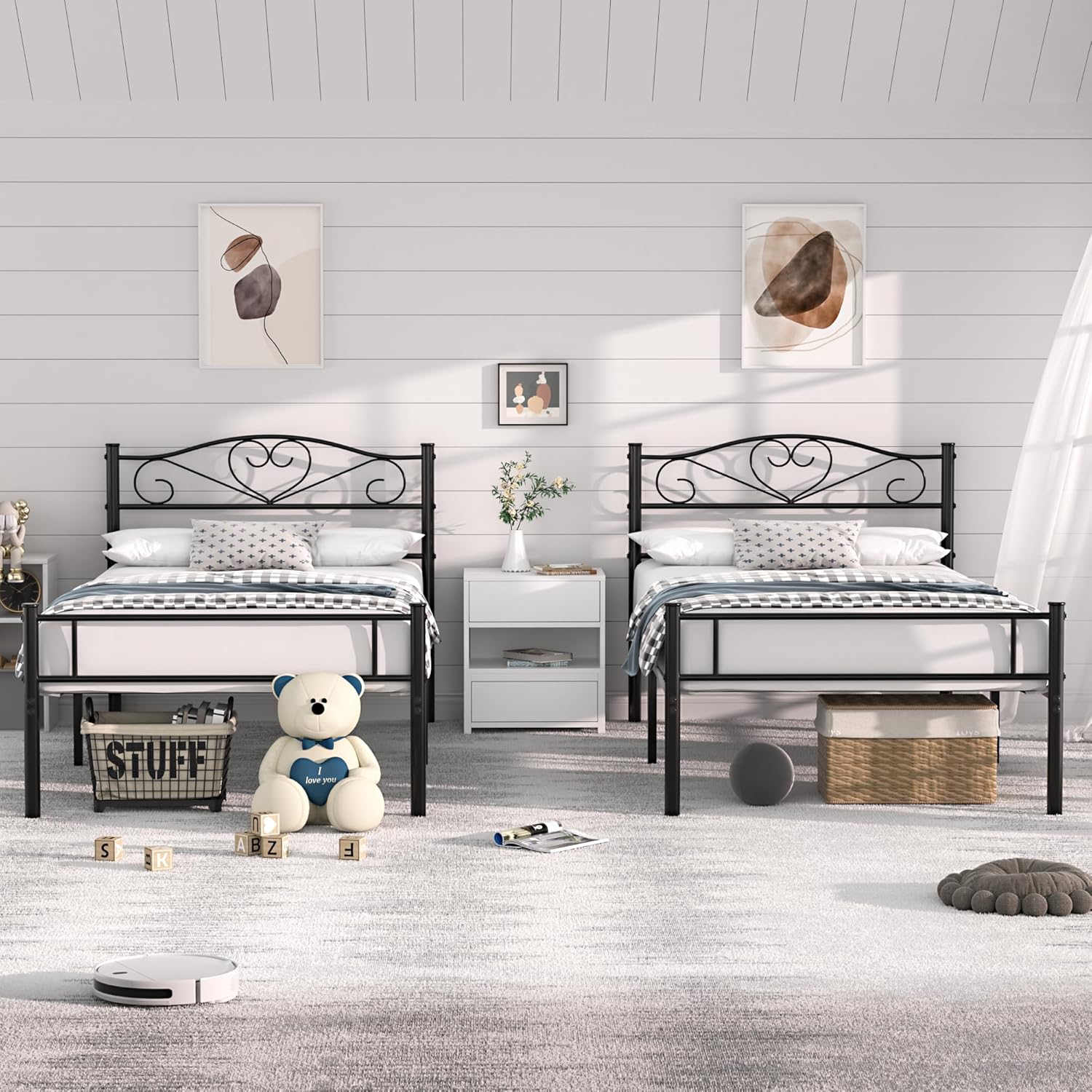 VECELO Twin Size Bed Frames with Headboard and Footboard, Iron Mattress Foundation No Box Spring Needed, Heavy Duty/Easy Set Up, 2 PCS, Pure Black