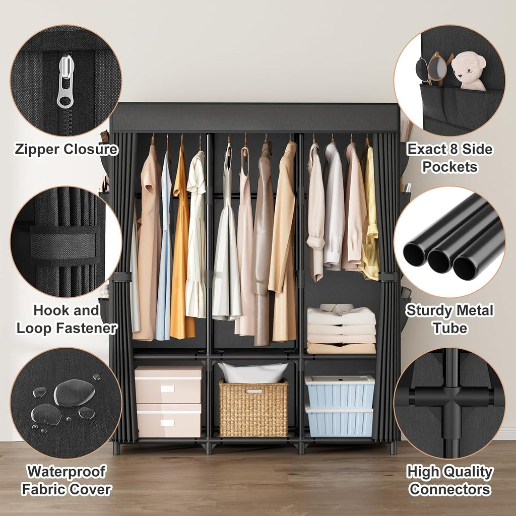 Portable Wardrobe Closet with 3 Rods and 6 Shelves
