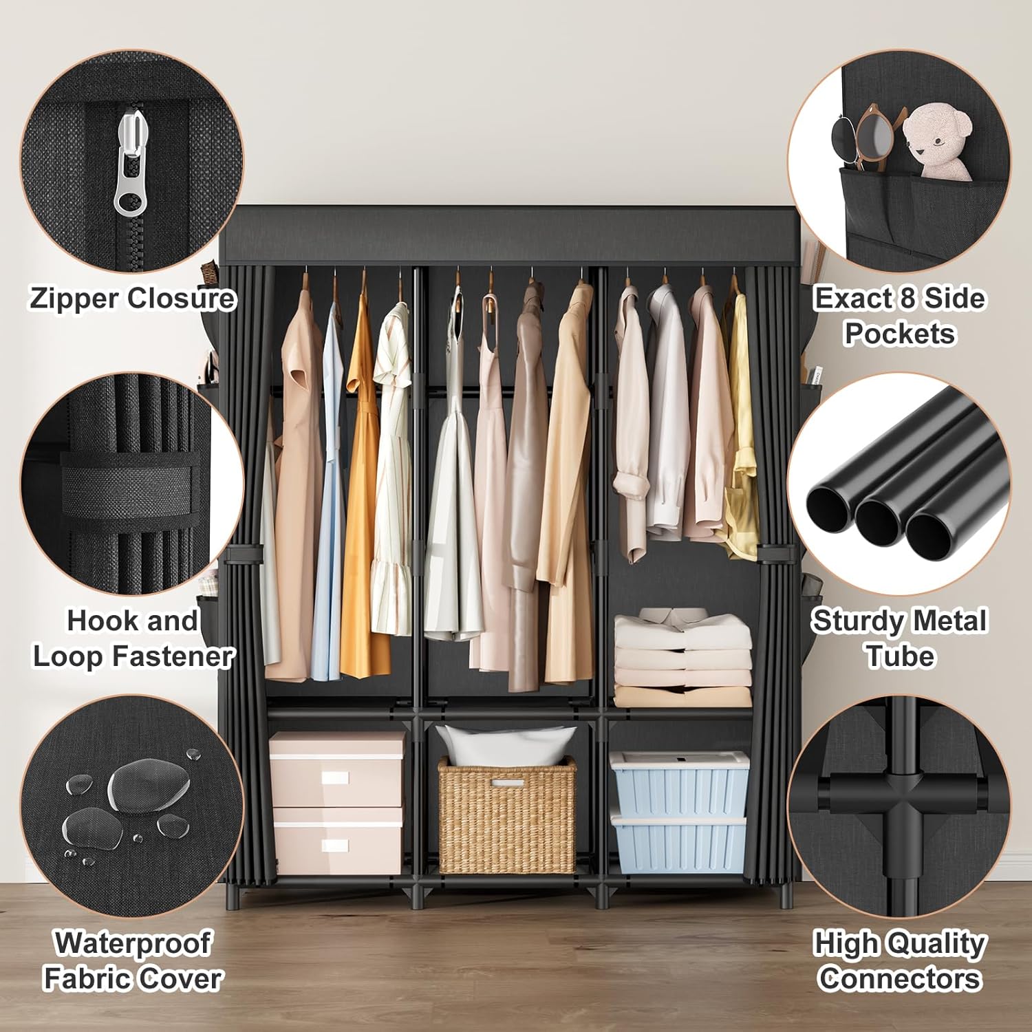 Portable Wardrobe Closet with 3 Rods and 6 Shelves