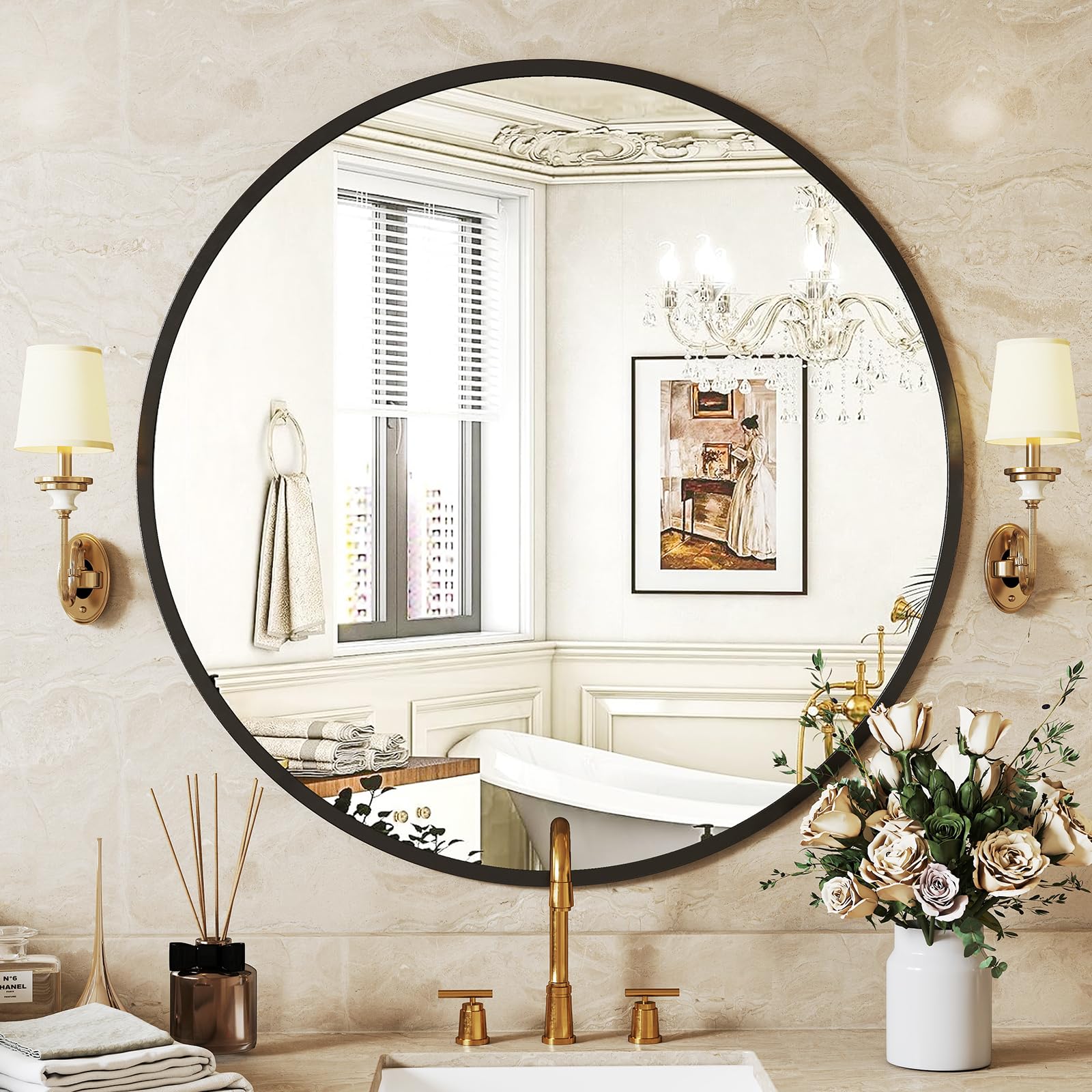 Black Round Wall Mirror 24"
