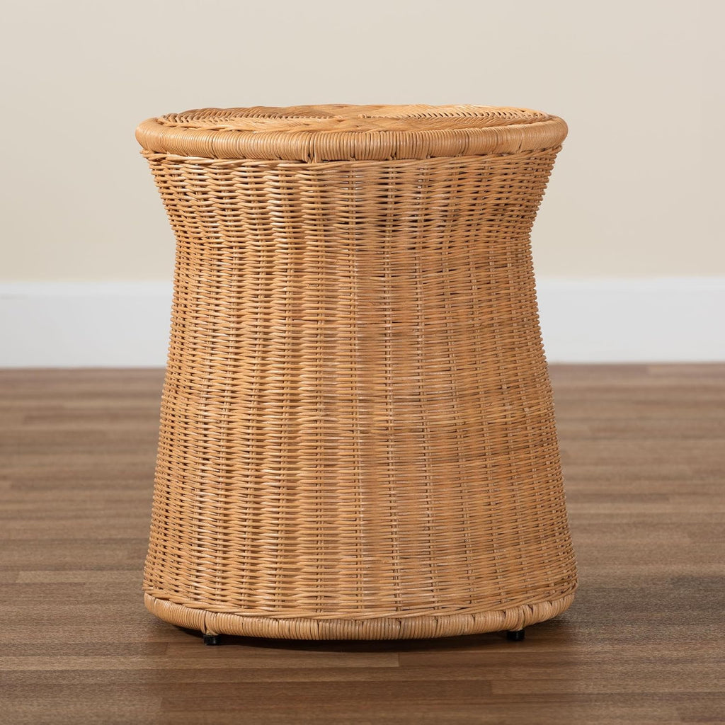 Round Natural Rattan End Table - Light Honey