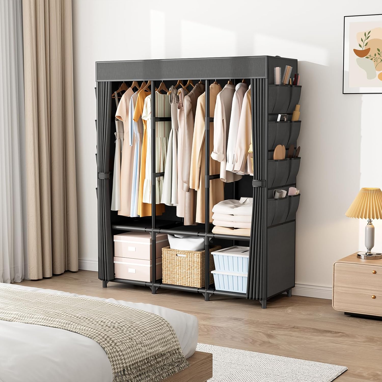 Portable Wardrobe Closet with 3 Rods and 6 Shelves