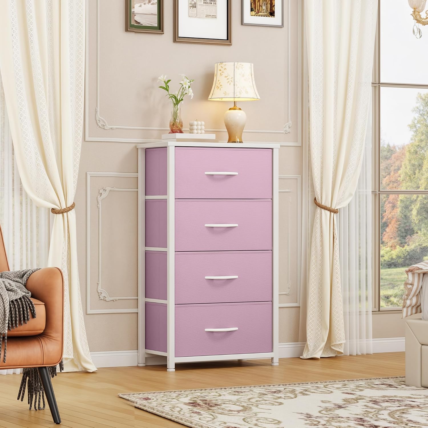 4-Drawer Pink Fabric Dresser with Steel Frame