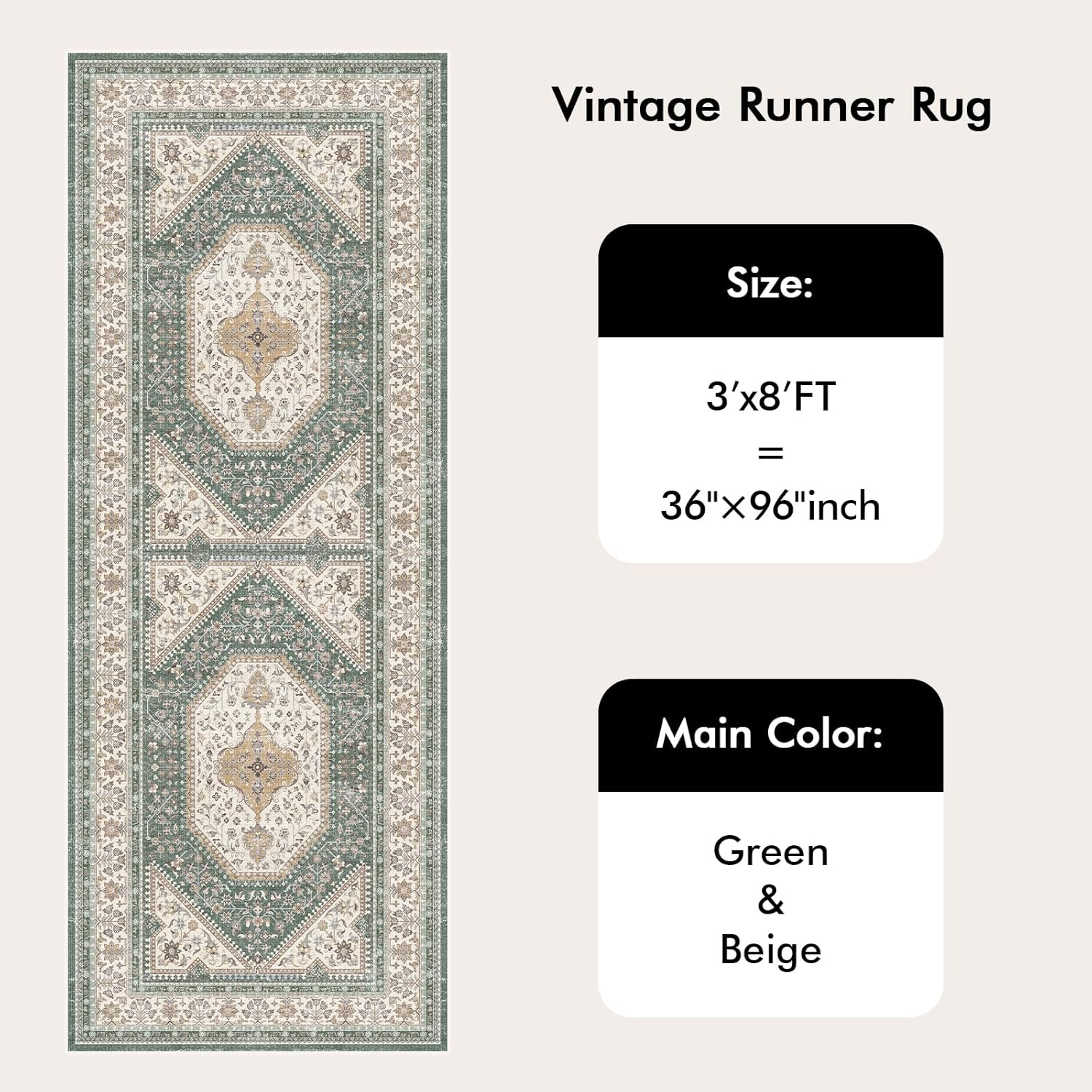 3x8 Vintage Runner Rug with Non-Slip Backing