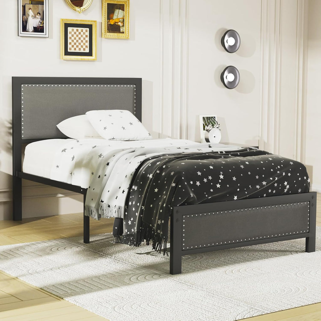 Twin Bed Frame with Upholstered Headboard
