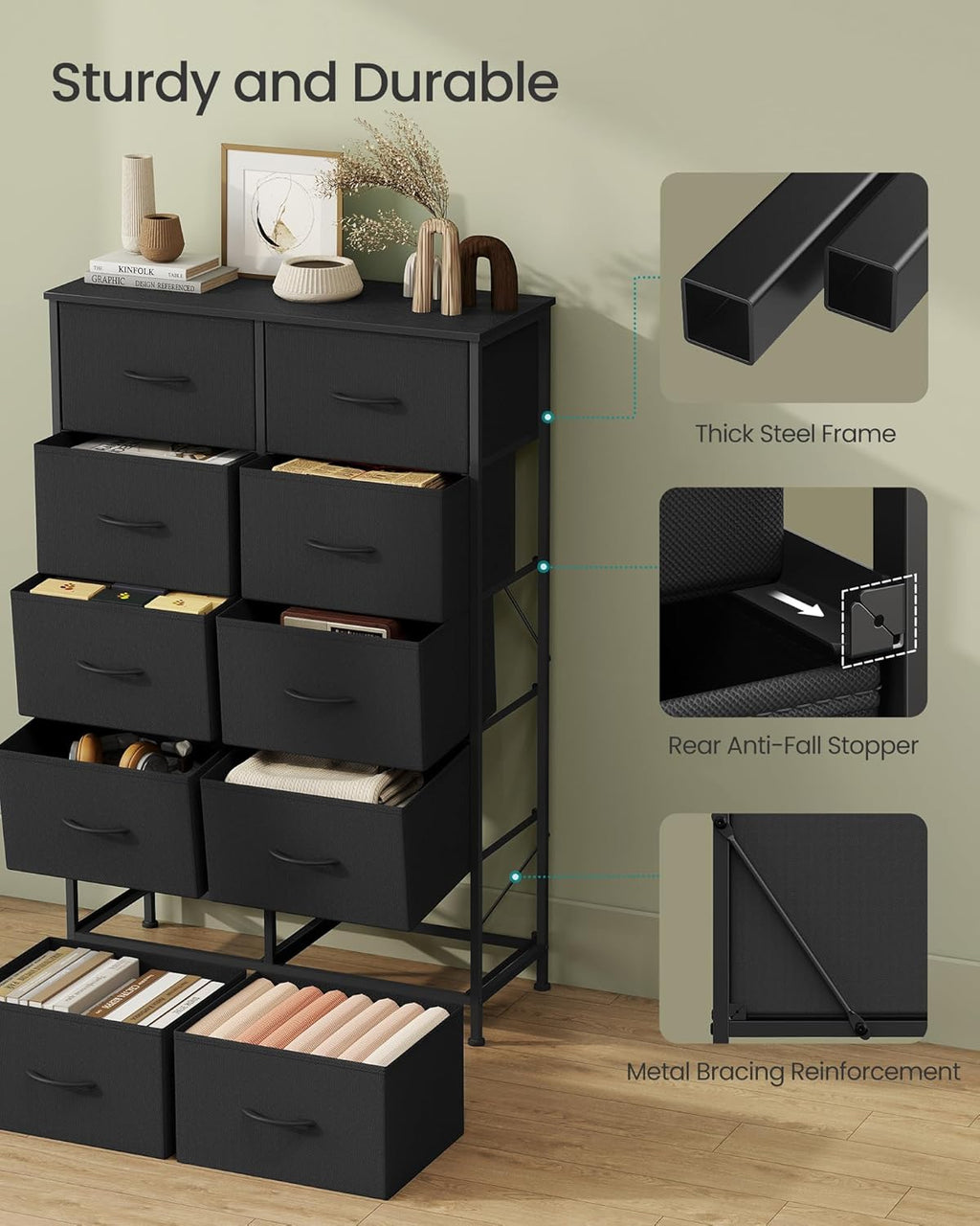 10-Drawer Rustic Brown and Ink Black Dresser
