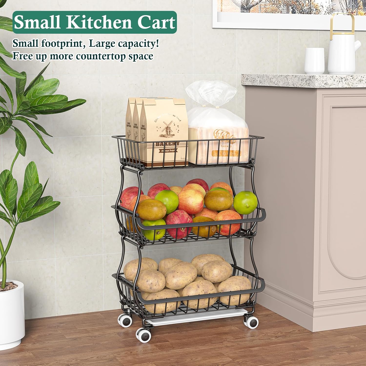 3-Tier Rolling Pantry Organizer Cart with Wheels