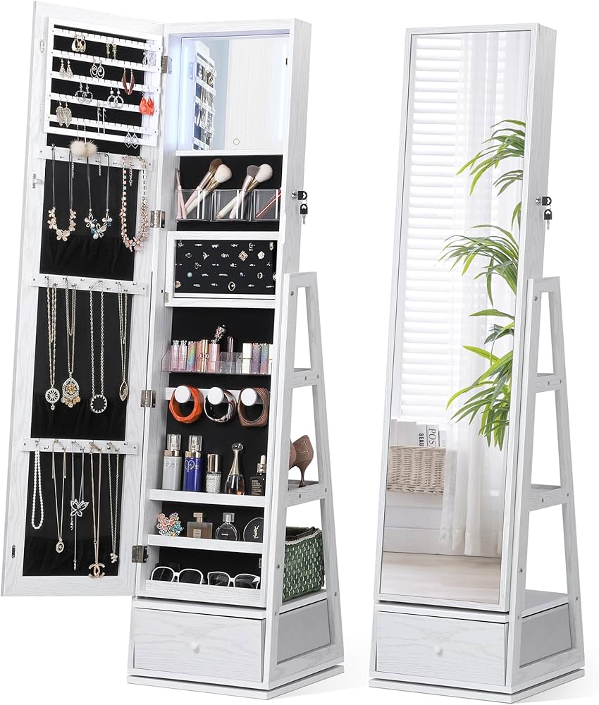 Swivel Mirror Jewelry Cabinet with LED and Storage