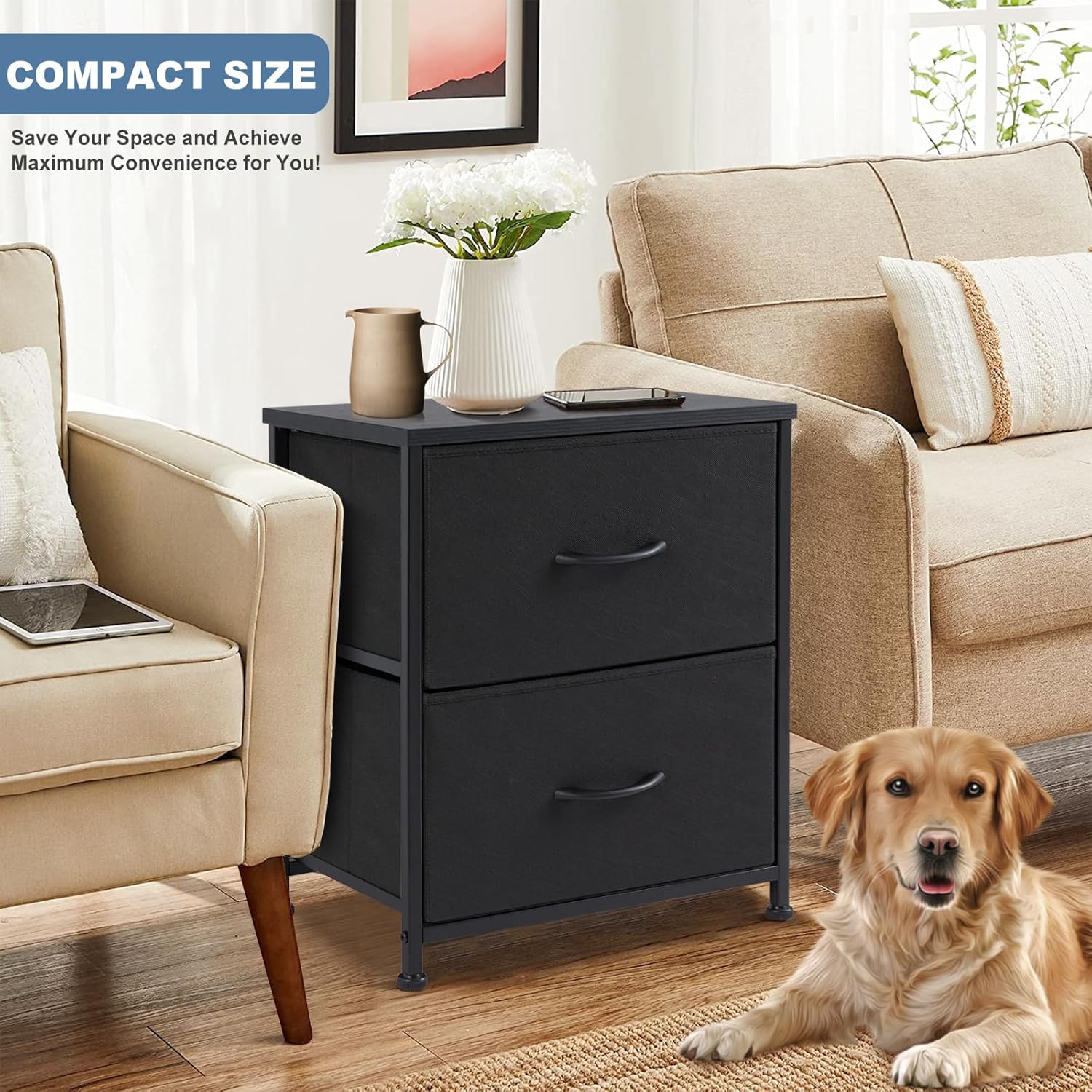 Set of 2 Small Nightstands with Fabric Drawers