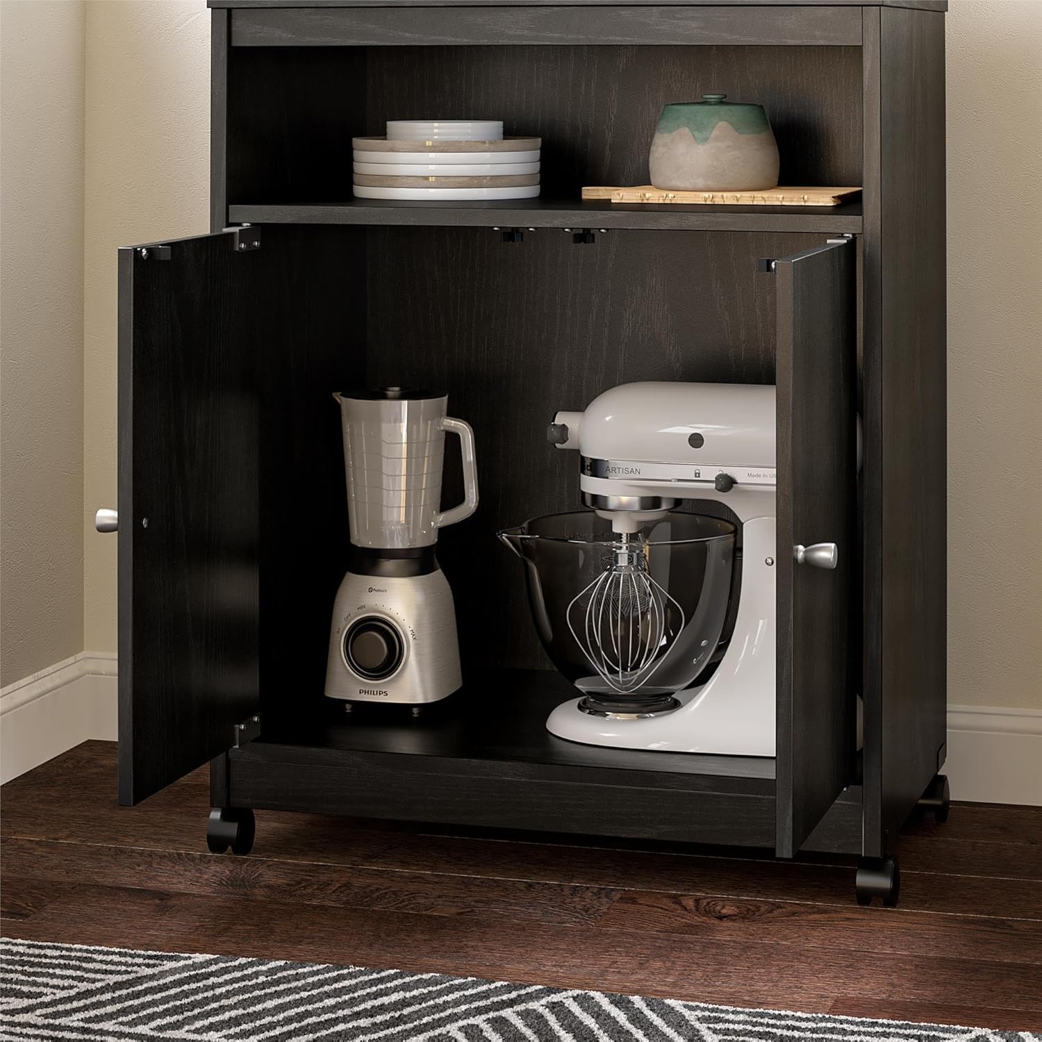White Kitchen Microwave Cart on Wheels
