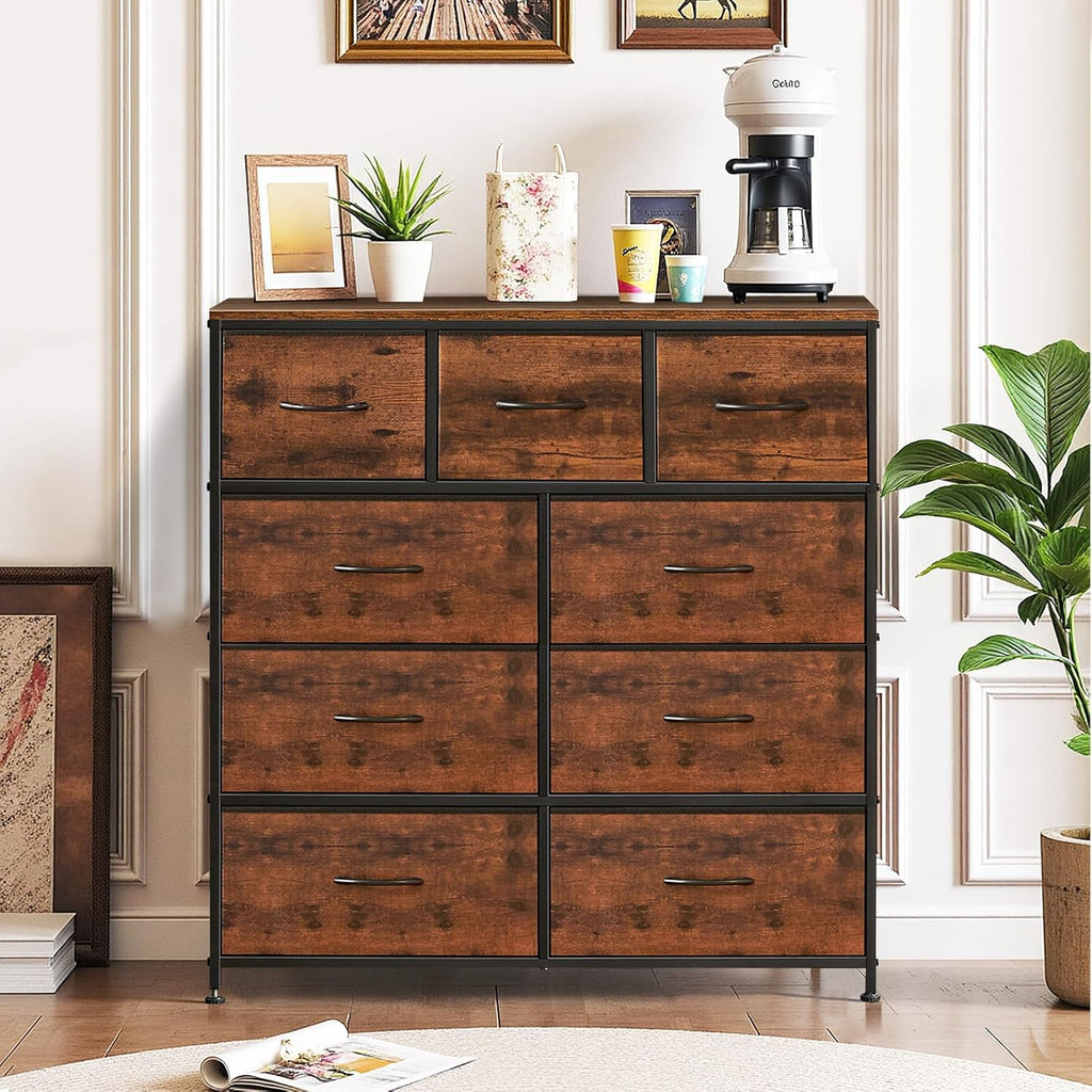 9-Drawer Dresser with Wooden Top and Metal Frame