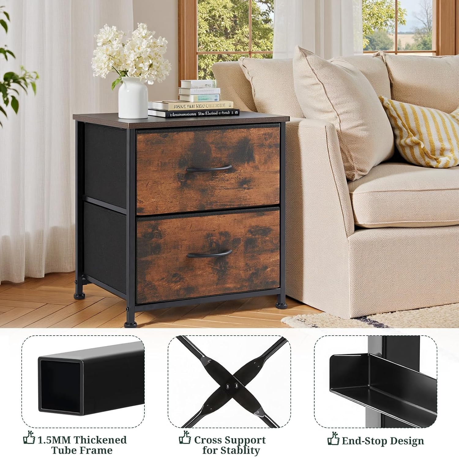 Small 2 Drawer Nightstand 11.8"D x 18"W x 20"