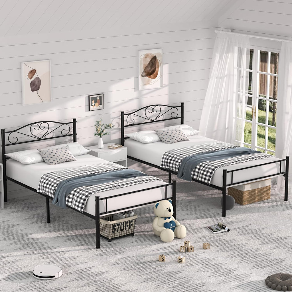 VECELO Twin Size Bed Frames with Headboard and Footboard, Iron Mattress Foundation No Box Spring Needed, Heavy Duty/Easy Set Up, 2 PCS, Pure Black