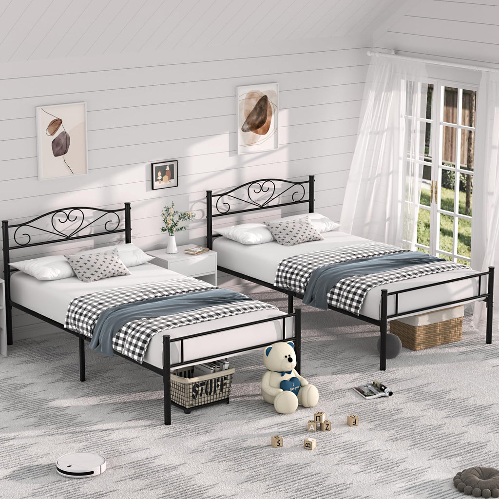 VECELO Twin Size Bed Frames with Headboard and Footboard, Iron Mattress Foundation No Box Spring Needed, Heavy Duty/Easy Set Up, 2 PCS, Pure Black