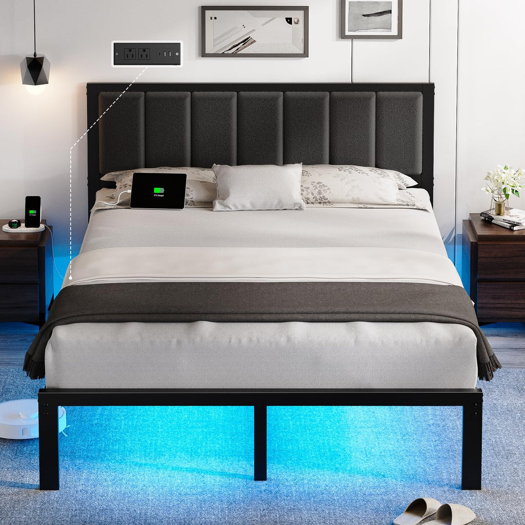 Queen Bed Frame with USB & LED Lights
