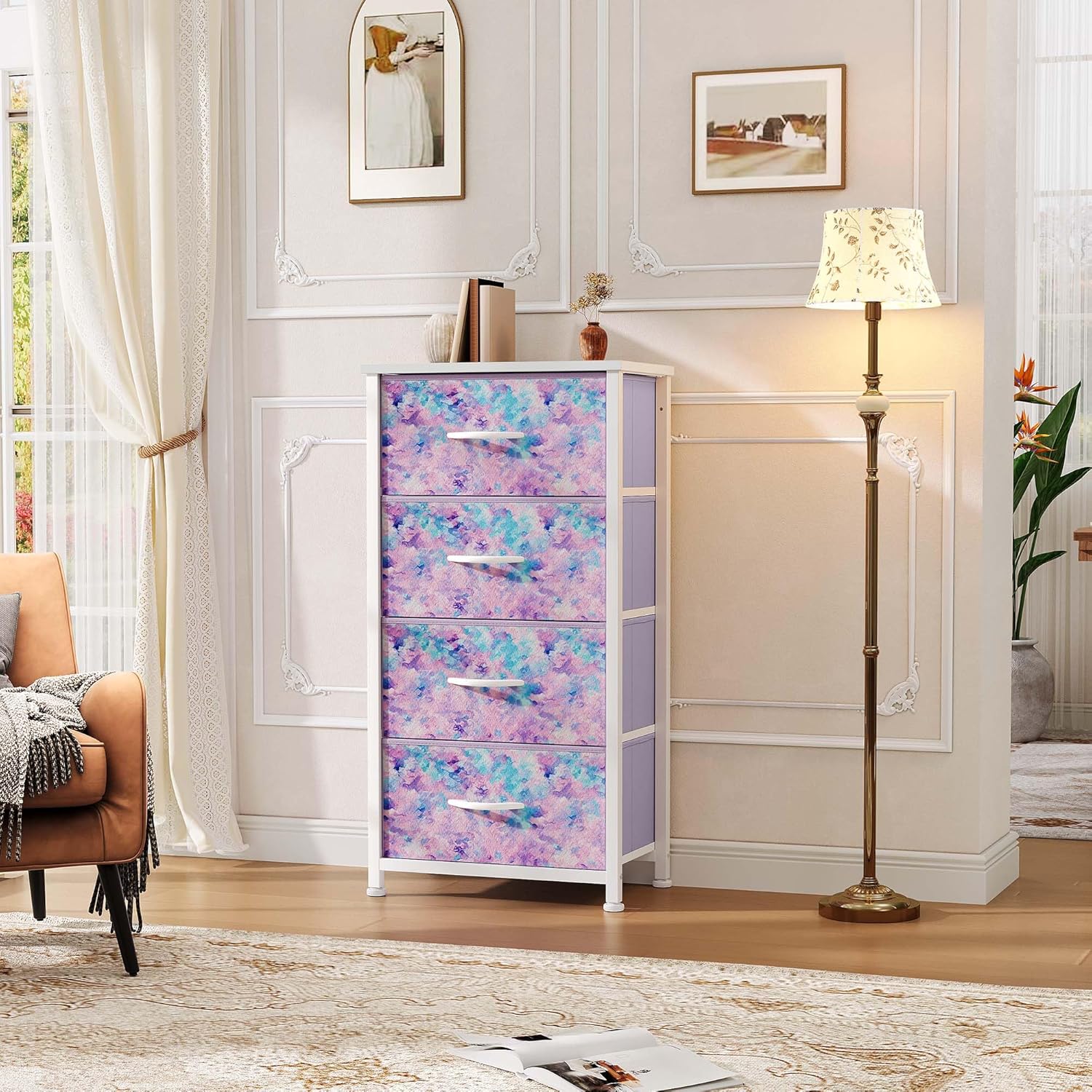 Purple 4-Drawer Dresser with Fabric Bins