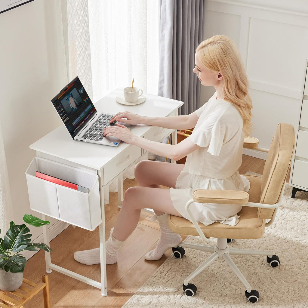 Small White Desk with Drawers and Storage