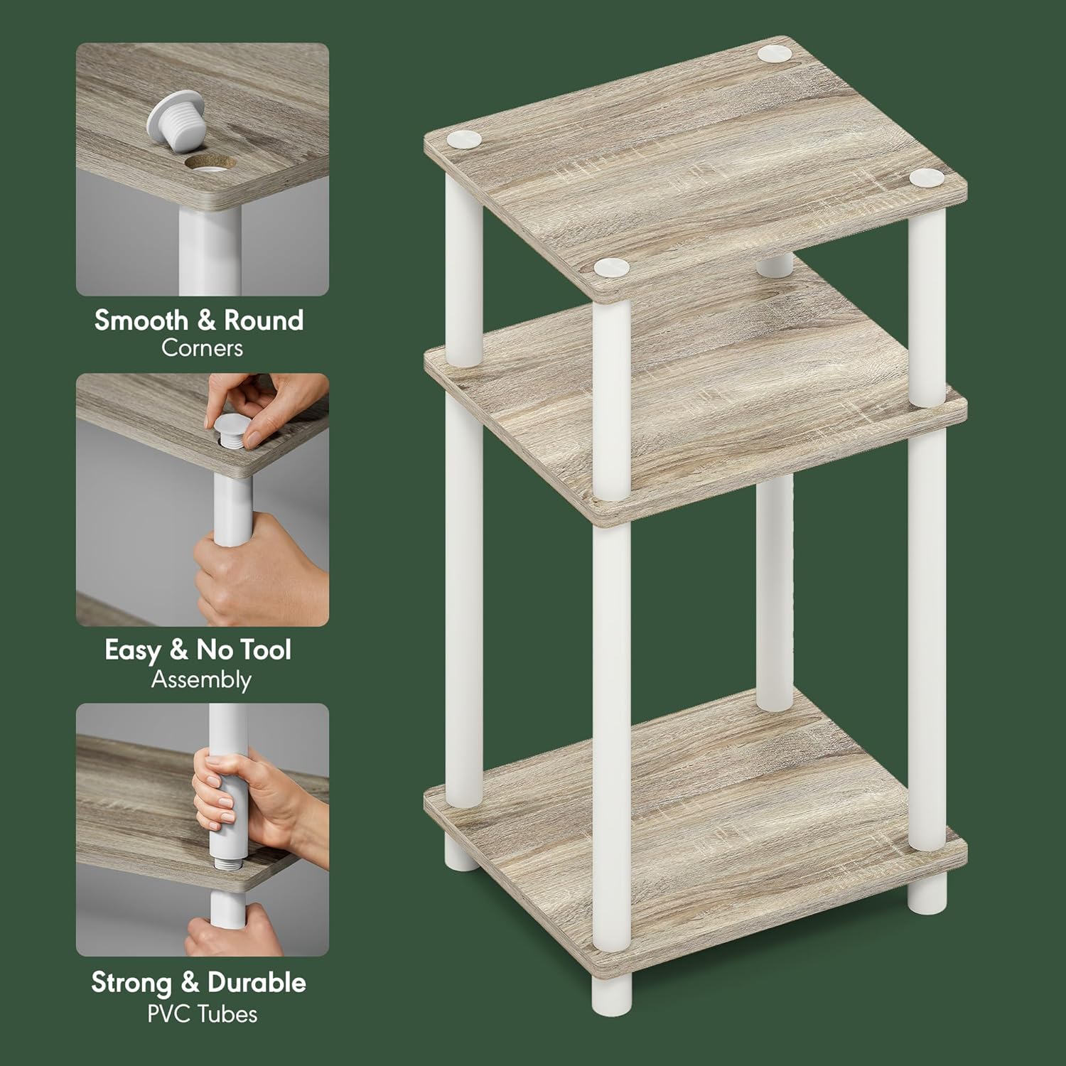 3-Tier Light Oak Side Table with Open Shelf