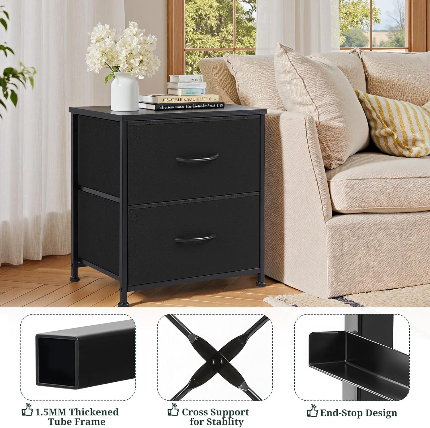 Small Nightstand with 2 Fabric Drawers 11.8"D x 18"W x 20"