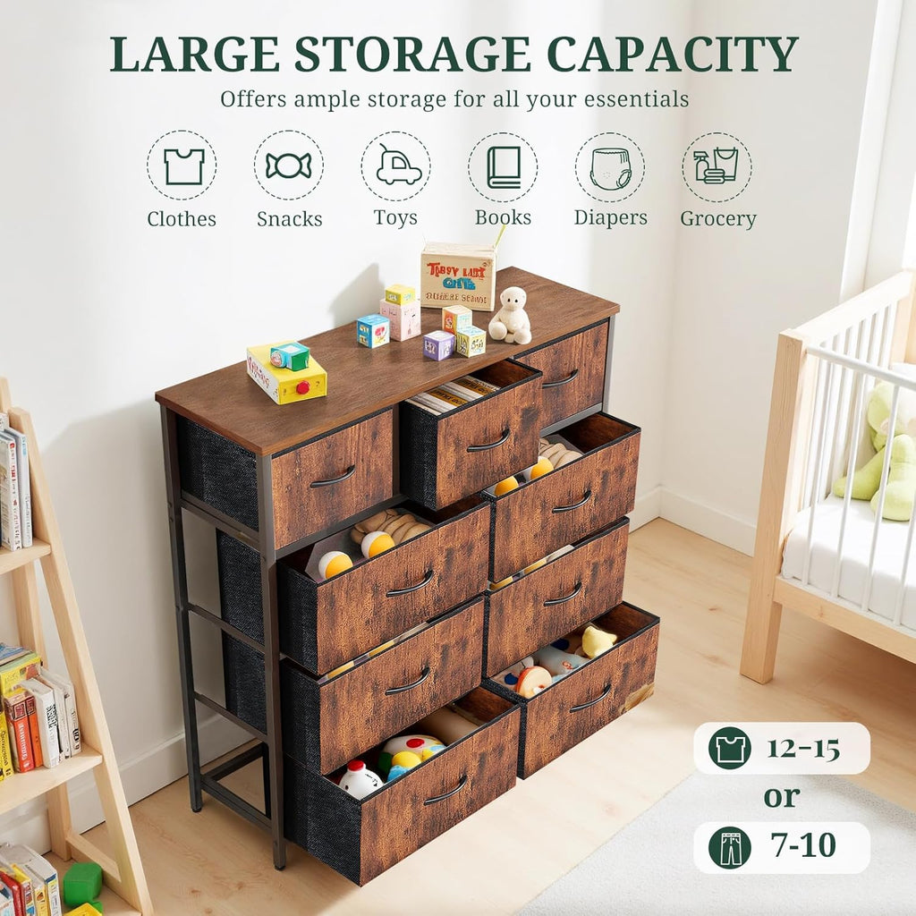 9-Drawer Dresser with Wooden Top and Metal Frame