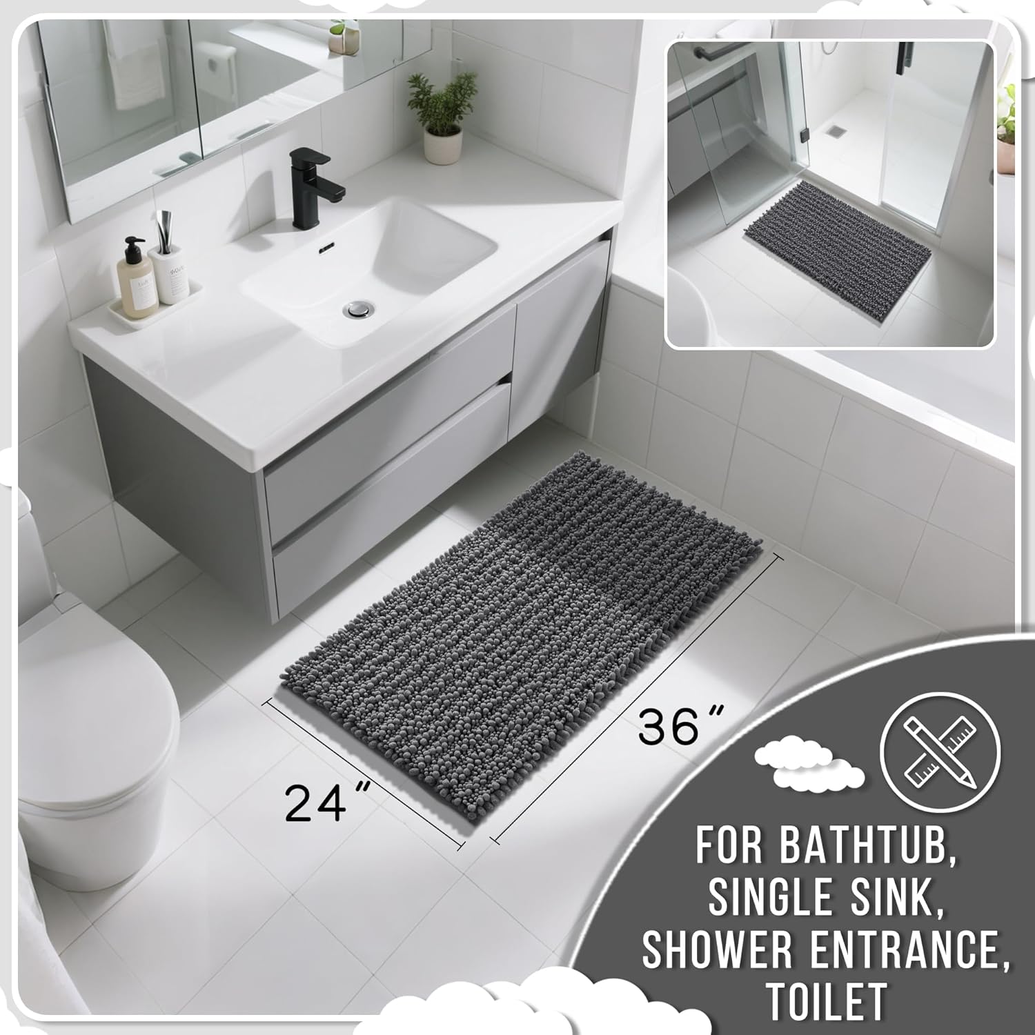 Large Dark Gray Bath Mat 36"x24"