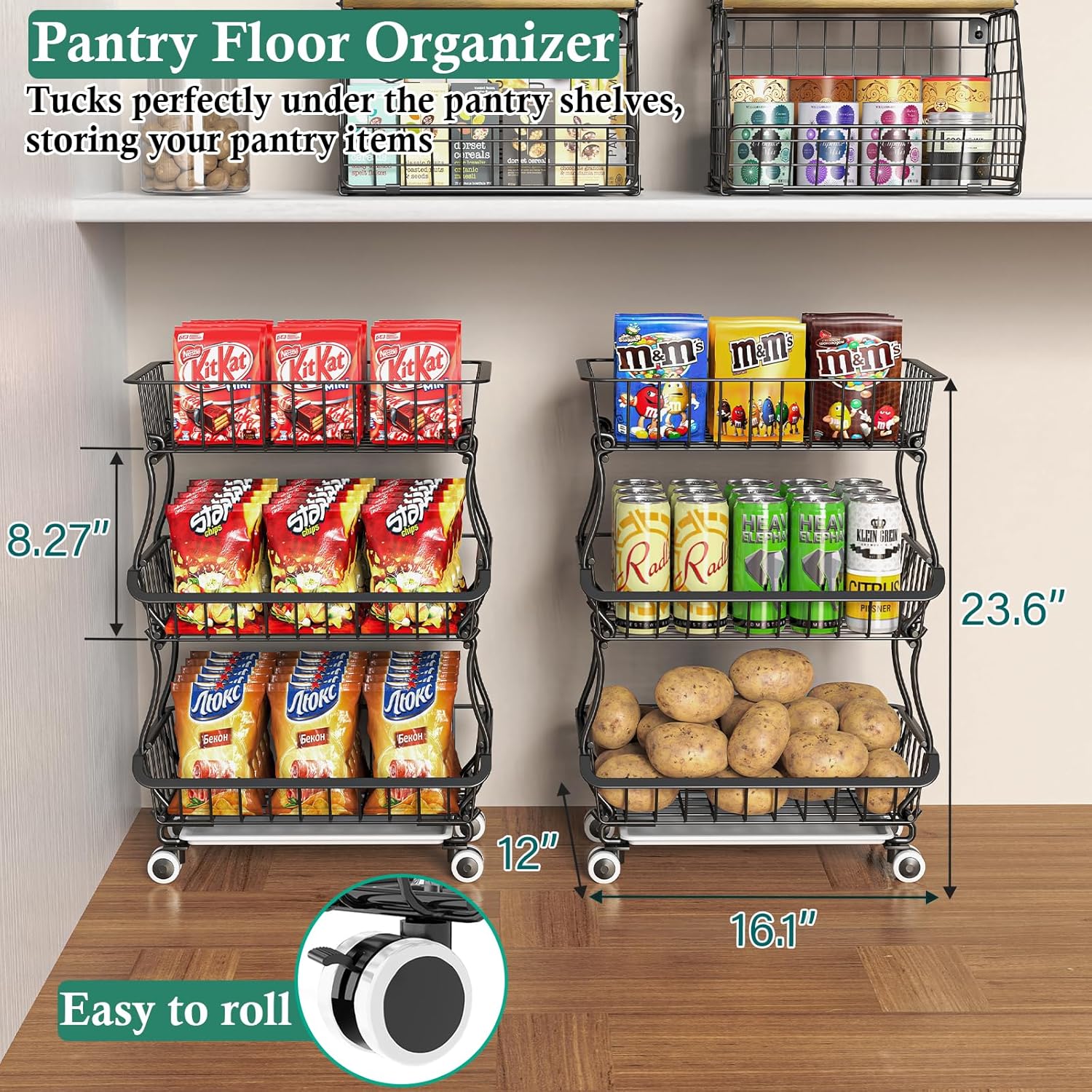 3-Tier Rolling Pantry Organizer Cart with Wheels