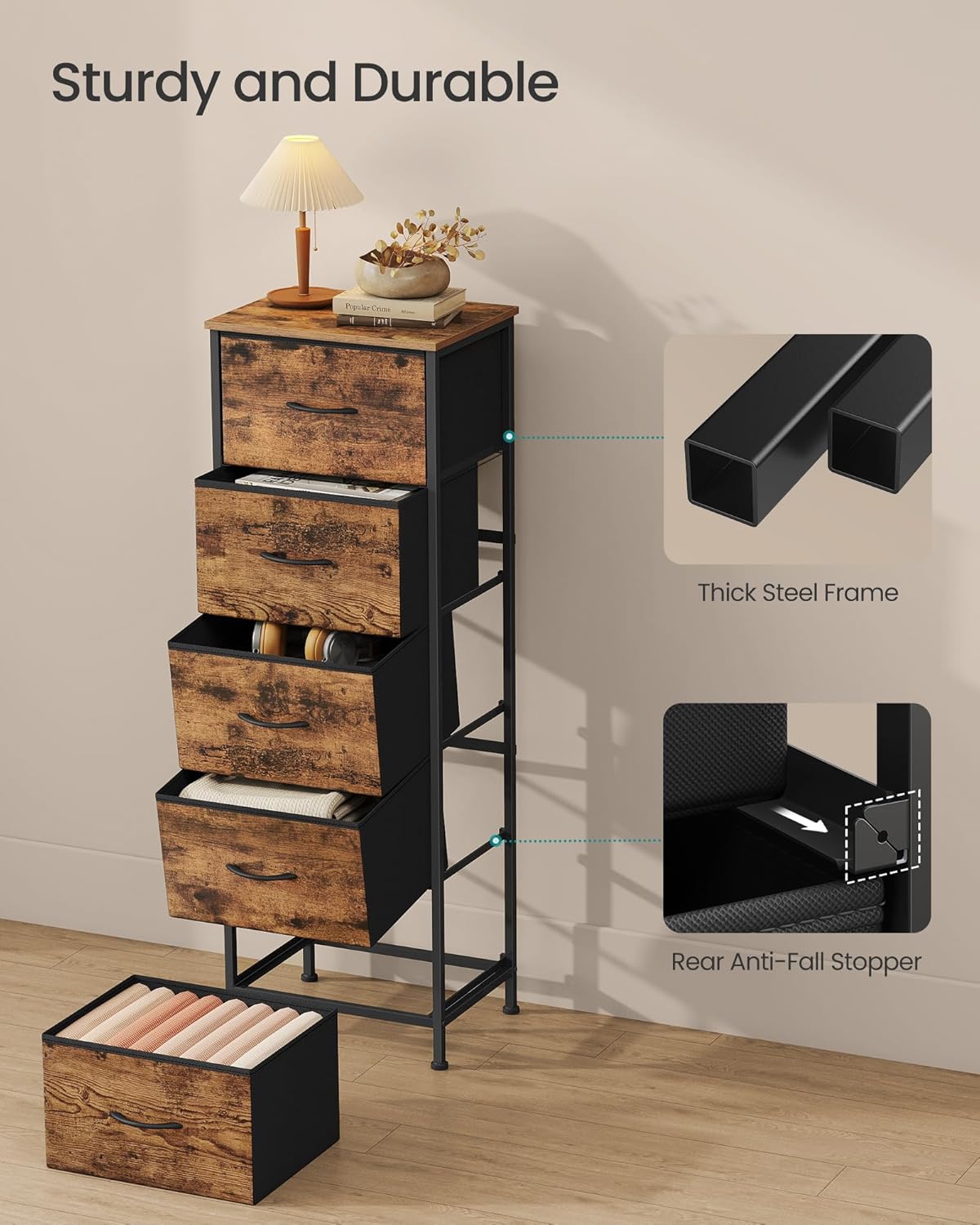 Rustic Brown & Ink Black 5-Drawer Dresser