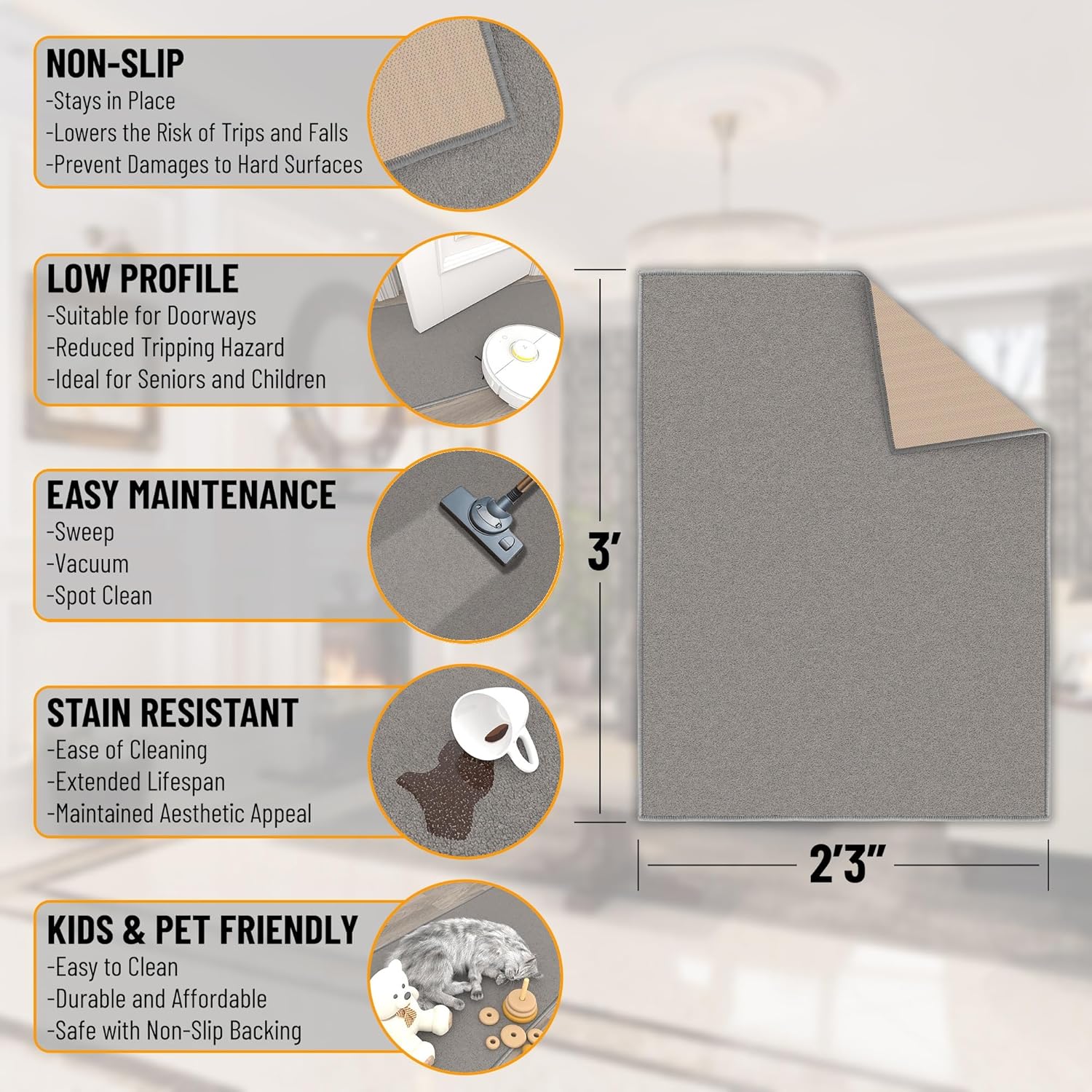 Small Gray Non-Slip Area Rug 2'3" x 3'