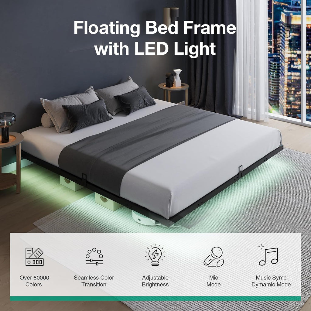 King Size Floating Bed Frame with LED Lights
