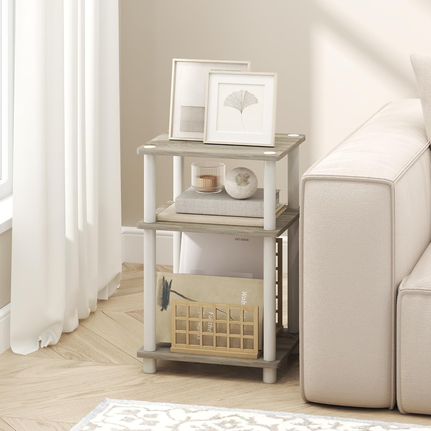 3-Tier Light Oak Side Table with Open Shelf