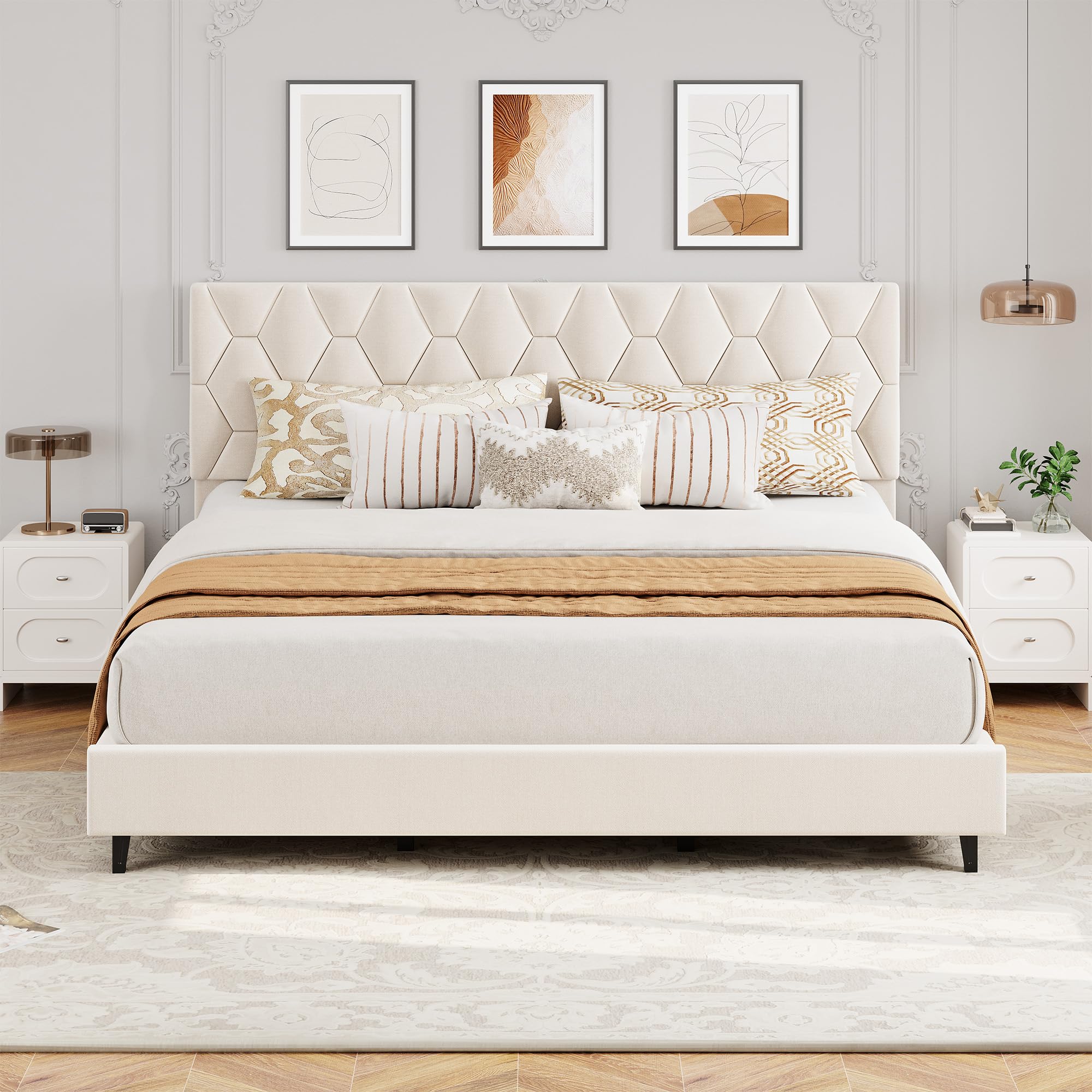 GAOMON Beige King Bed Frame with Upholstered Headboard, Heavy-Duty Platform Bed Frame with Strong Wood Slats, No Box Spring Needed,Noise Free,Easy Assembly