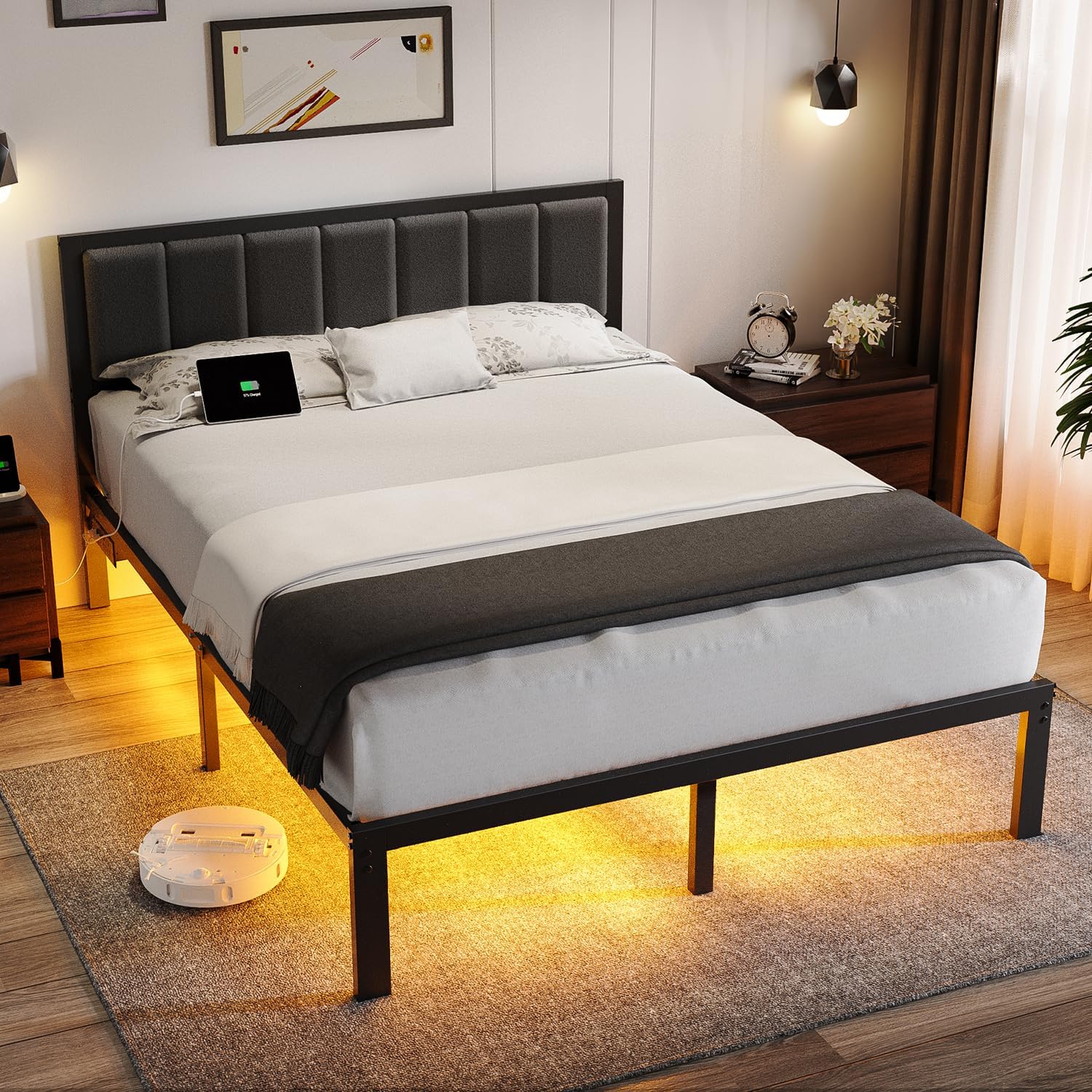 Queen Bed Frame with USB & LED Lights