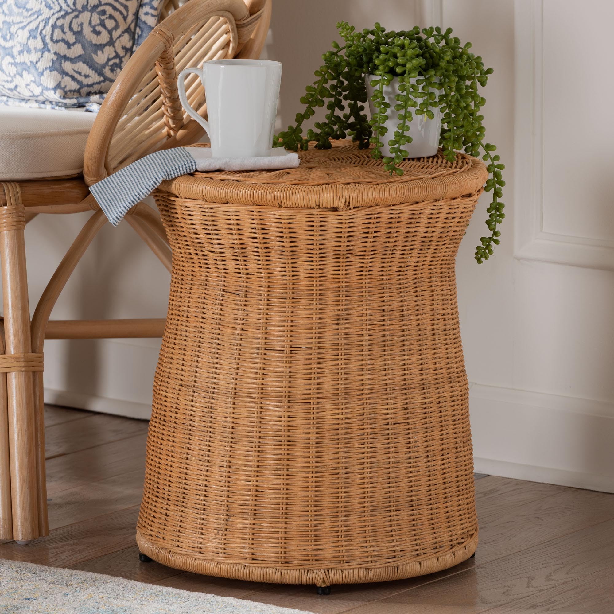 Round Natural Rattan End Table - Light Honey