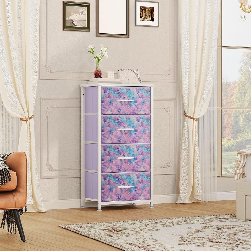 Purple 4-Drawer Dresser with Fabric Bins