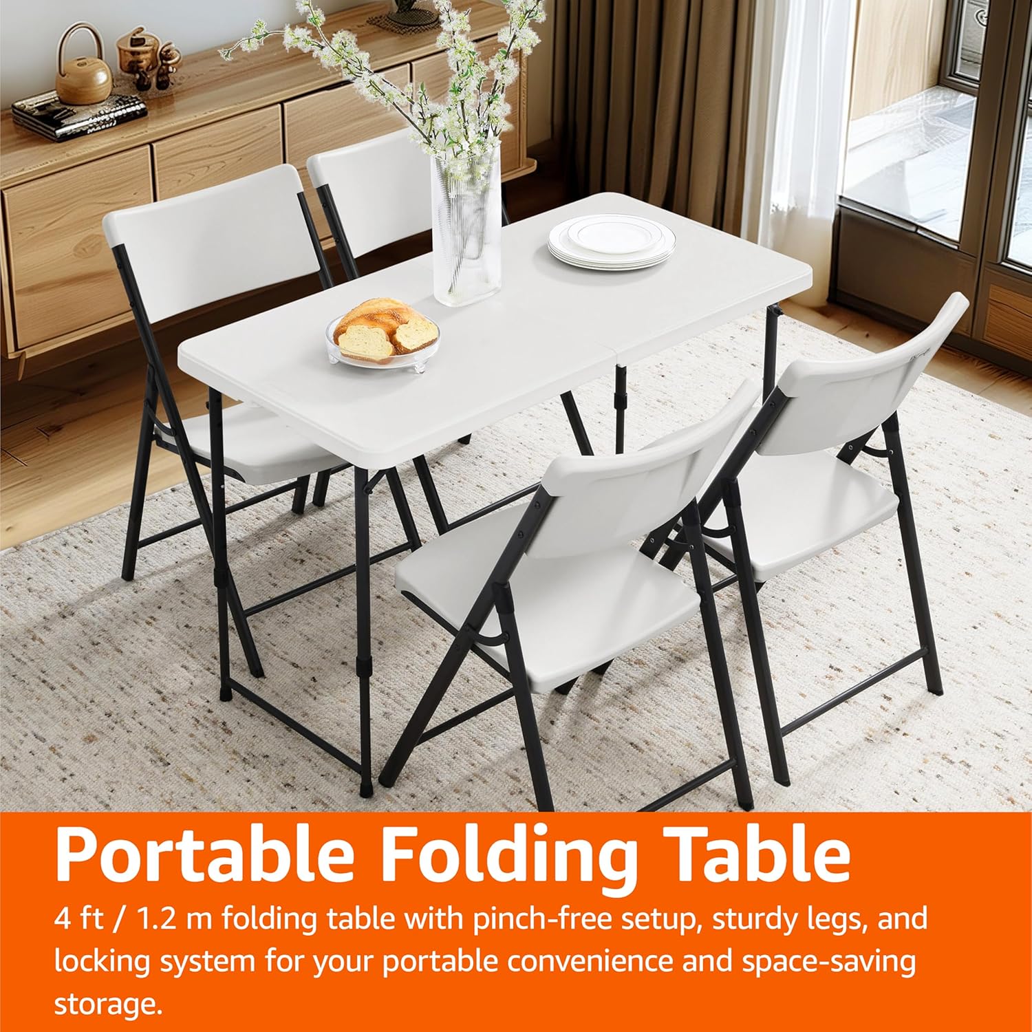 4ft Rectangular Folding Dining Table with Carrying Handle