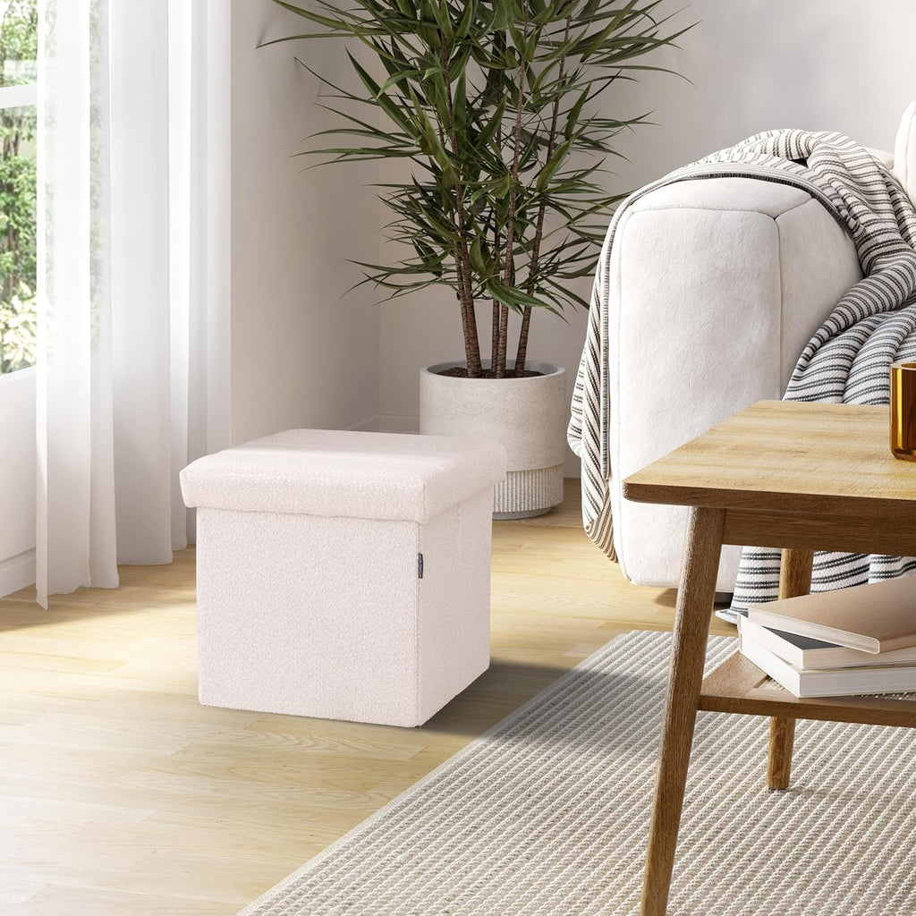 White Boucle Storage Ottoman 15.7" Cube