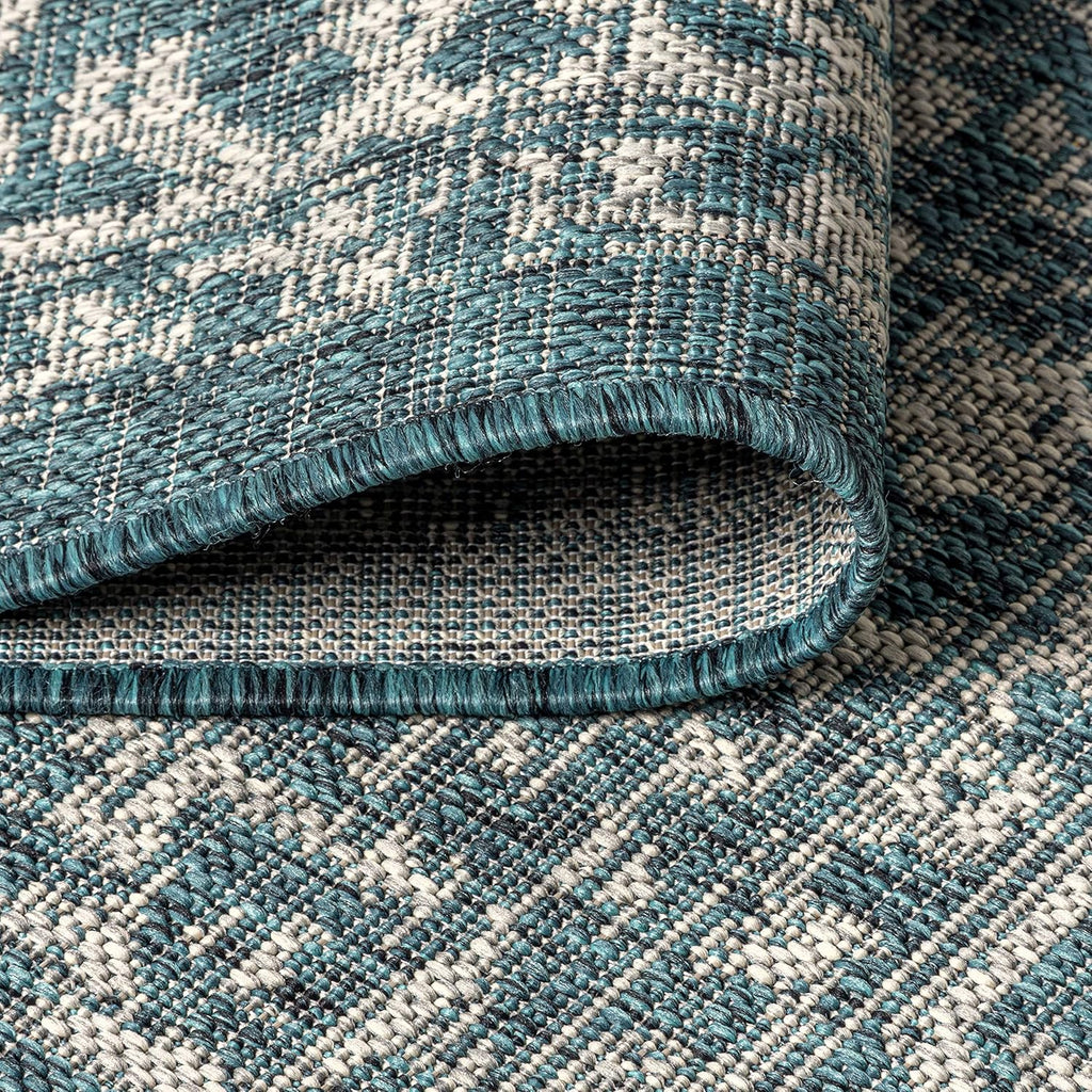 4 Ft Round Boho Teal/Gray Area Rug