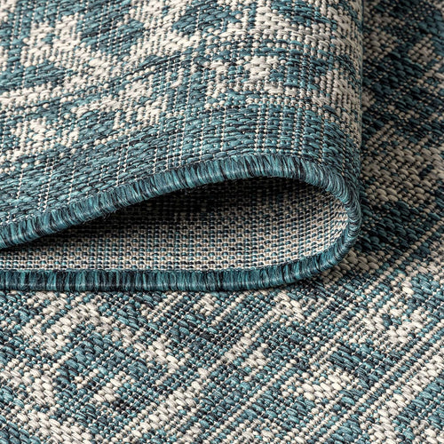 4 Ft Round Boho Teal/Gray Area Rug