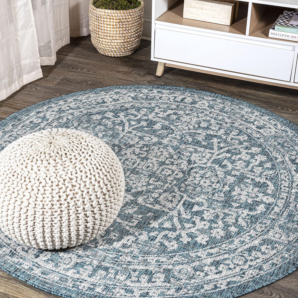 4 Ft Round Boho Teal/Gray Area Rug
