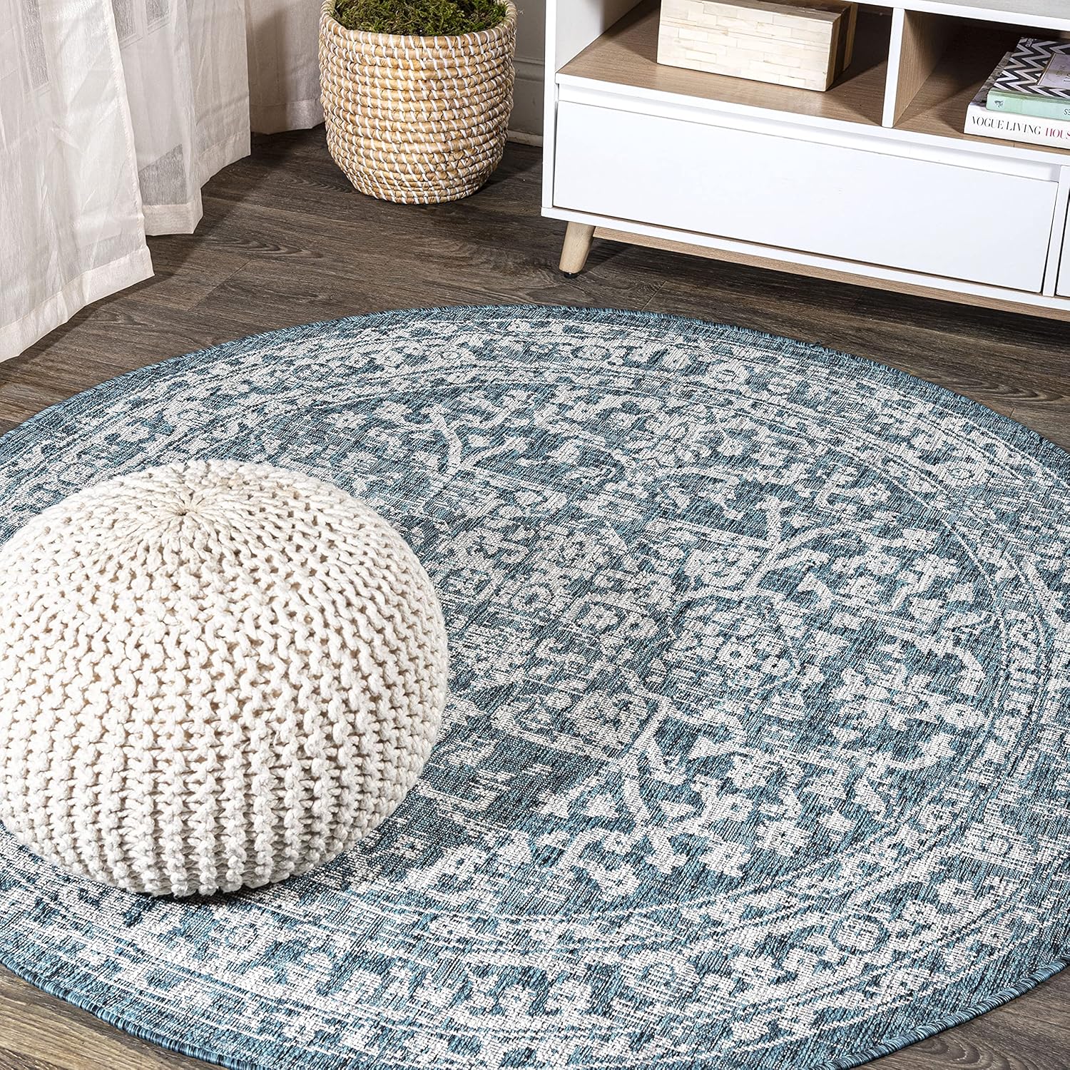 4 Ft Round Boho Teal/Gray Area Rug